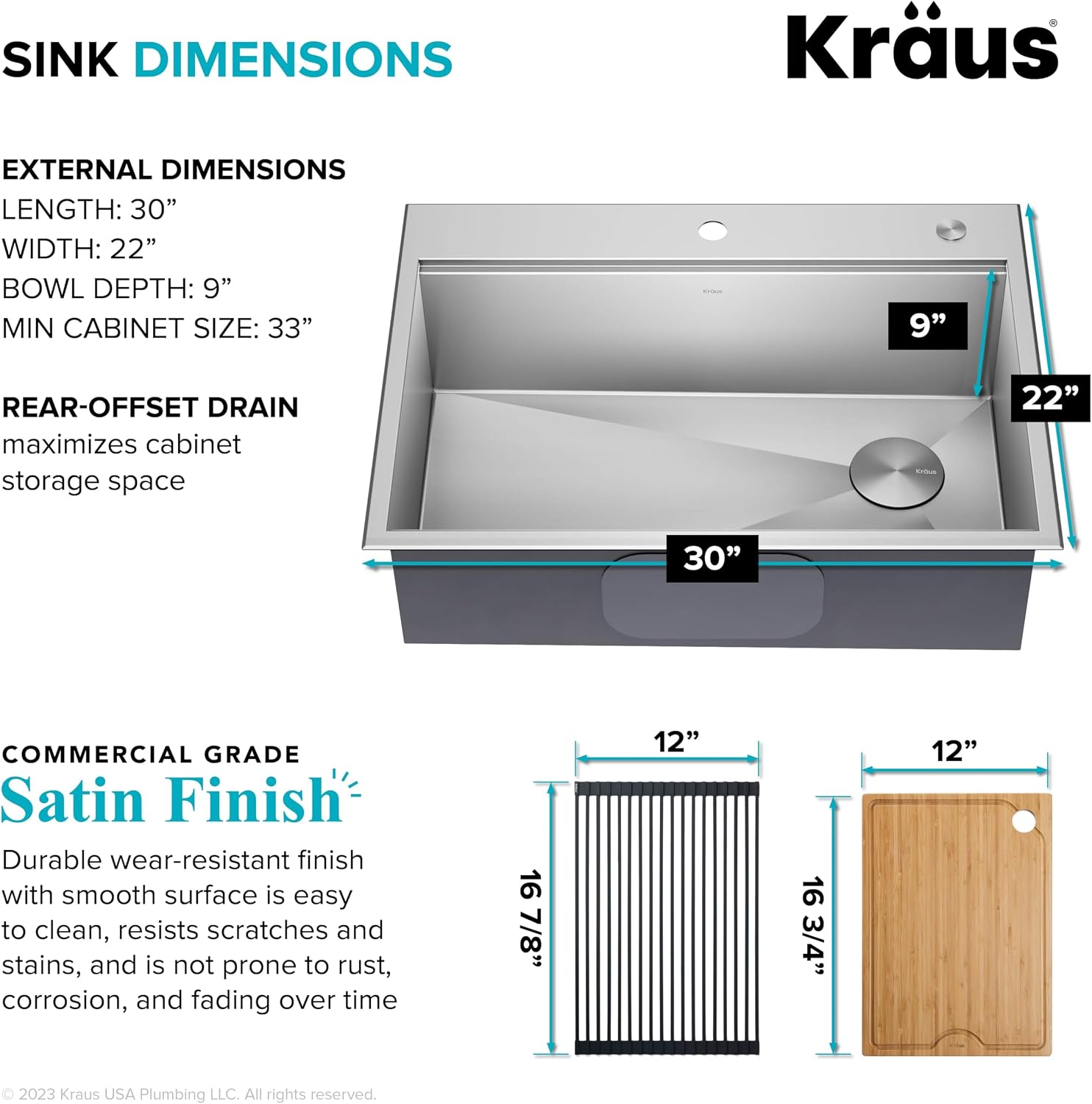 KRAUS Kore 30-Inch Drop In/Top Mount Workstation 16 Gauge Single Bowl Stainless Steel Kitchen Sink with Accessories, KWT310-30