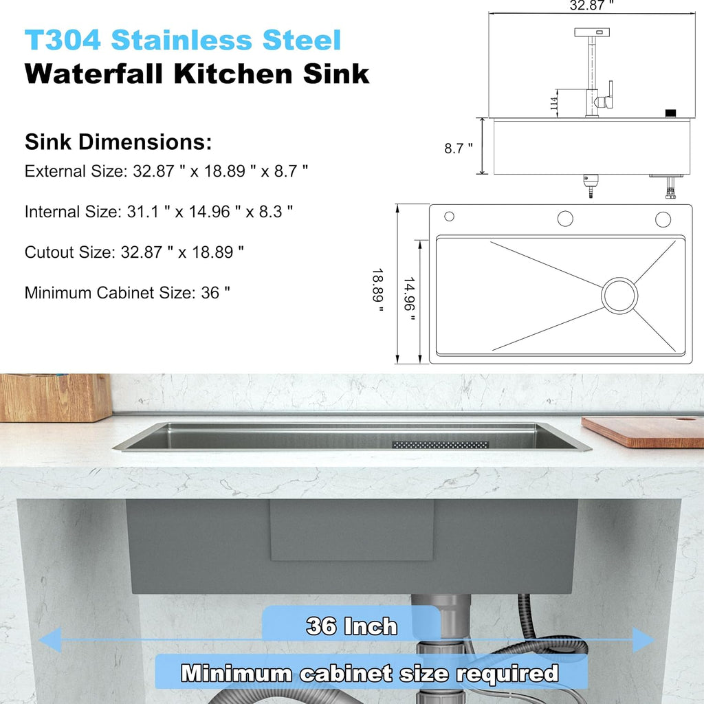 33 x 19 Waterfall Kitchen Sink with Faucet, Stainless Steel Undermount Single Bowl Kitchen Sinks, Large Farmhouse Workstation Sinks with Accessories, 8 Inch Deep Drop In Sink, Brushed Nickel
