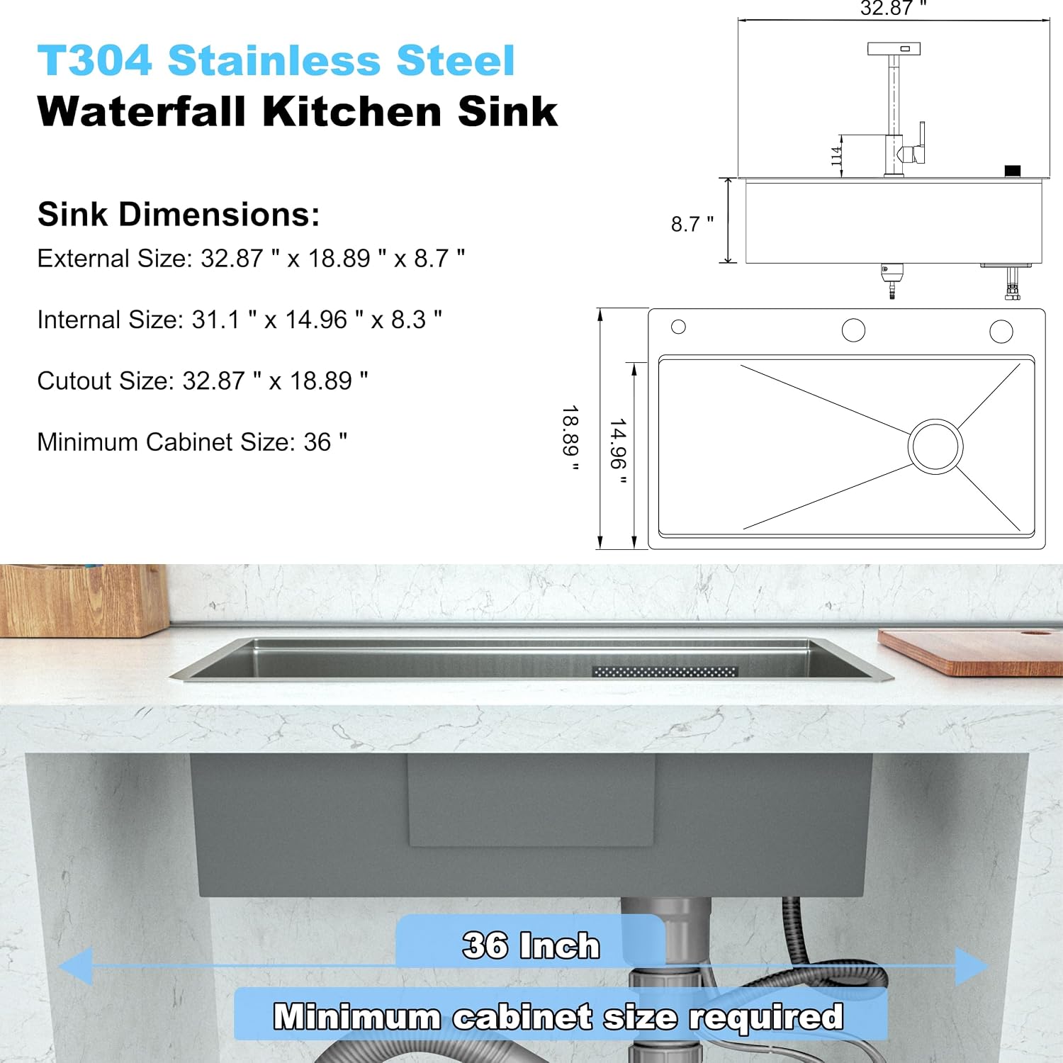 33 x 19 Waterfall Kitchen Sink with Faucet, Stainless Steel Undermount Single Bowl Kitchen Sinks, Large Farmhouse Workstation Sinks with Accessories, 8 Inch Deep Drop In Sink, Brushed Nickel
