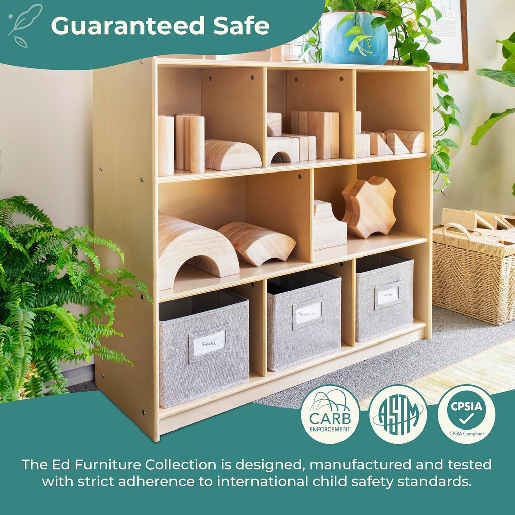 Guidecraft EdQ Three Shelf Compartment Storage Natural with 3 Fabric Bins: Wood Bookshelf and Toy Organizer for Kids, Storage Unit for Homeschool and Classroom