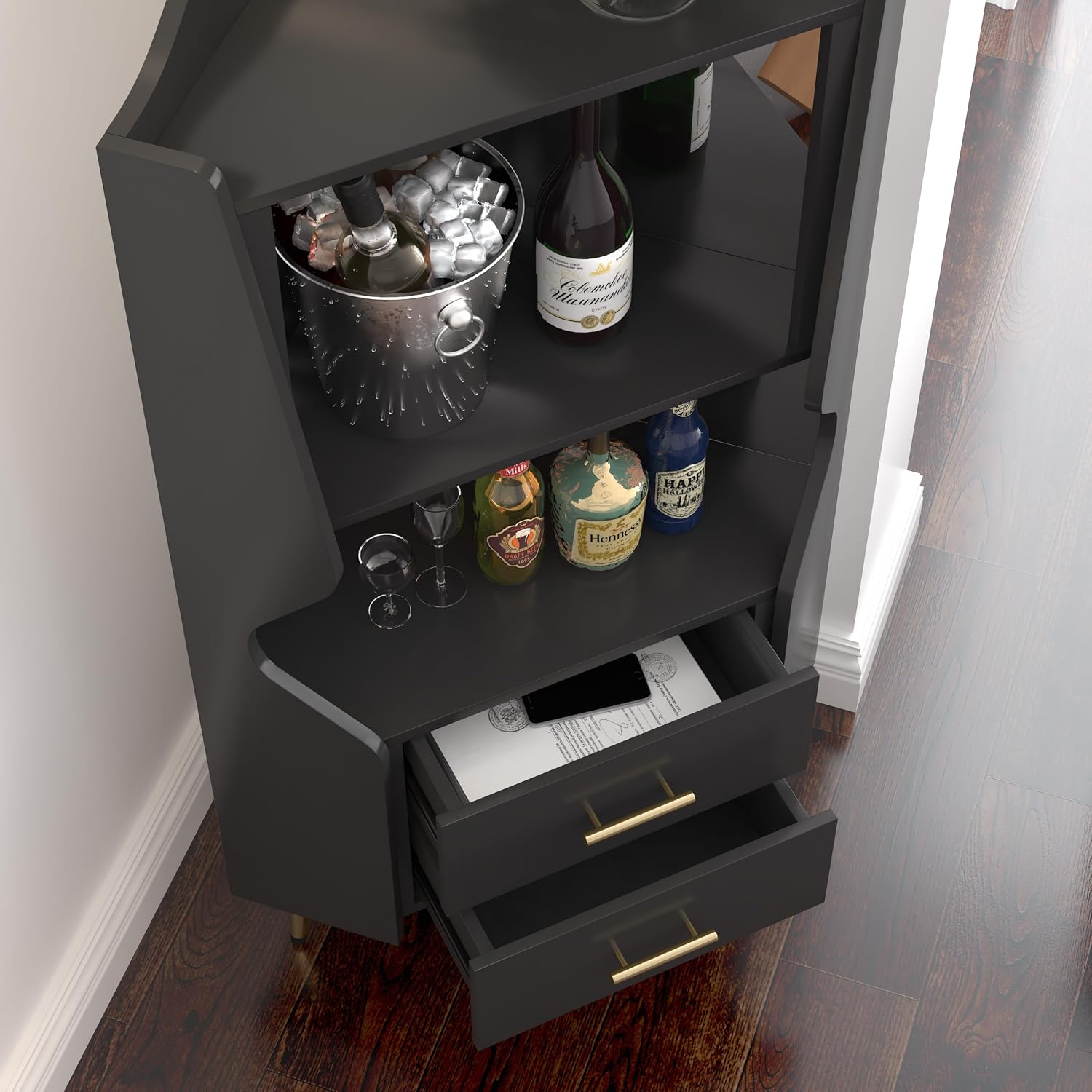 GDFStudio Wooden Corner Shelf Cabinet, Mirrored Back Coffee Bar Cabinets with Drawers & Open Storage, High Feet Corner Wine Rack Liquor Stand Kitchen Storage Cabinet for Living Room Dining Room, Black