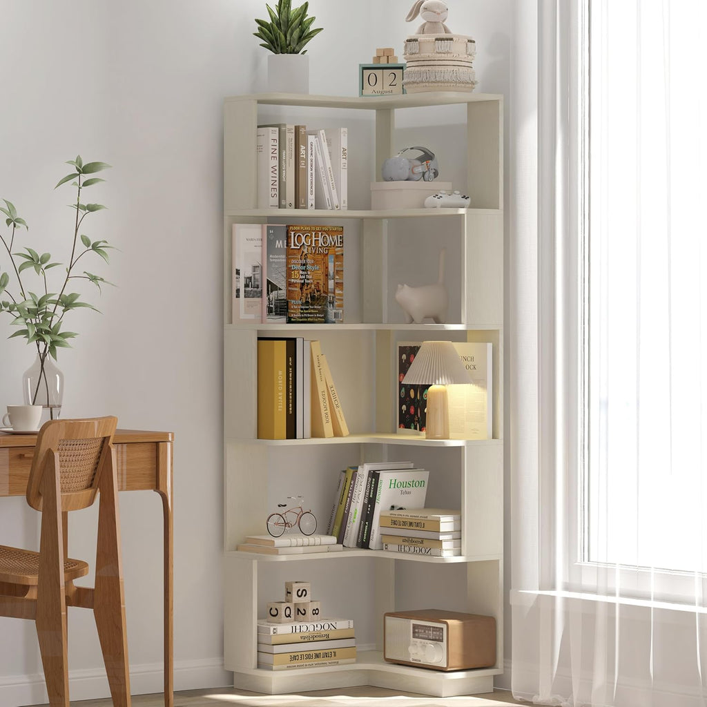 GDFStudio 64.6' Tall L-Shaped Corner Bookshelf, 6-Tier Freestanding Corner Shelf Bookcase with Anti-Drop Panels, Wooden Open Back Display Shelves Organizer for Living Room Office Bedroom, White Oak