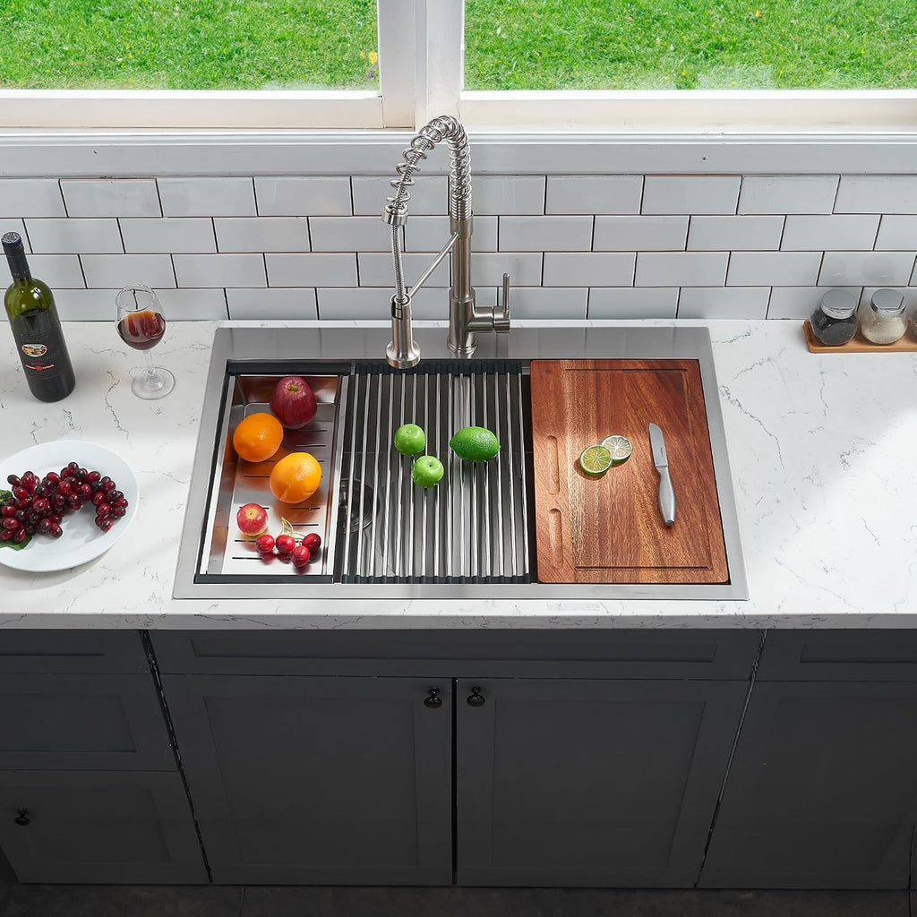 IKEBANA 33 x 22 Inch Double Bowl Kitchen Sink Drop in, Brushed Nickel 16 Gauge Stainless Steel Topmount 50/50 Double Basin Workstation Kitchen Sink with Accessories