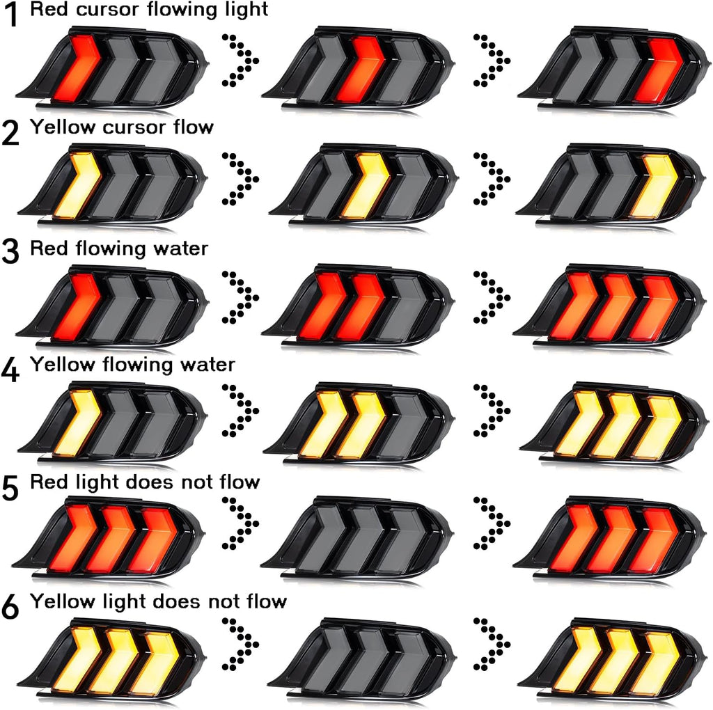 HCmotion LED Tail Lights for Ford Mustang Euro 2015-2023 (6 Lighting Modes), Start UP Animation with Sequential Turn Signal Rear Lamp Kit Assembly (Smoked-RG) | Smoked Euro Style Taillights Assembly w/ 6 Sequential Turn Signal Modes & Startup Animation