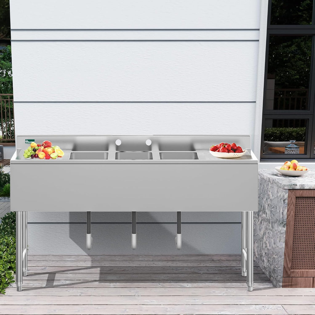 YITAHOME 60inch 3 Compartment Commercial Bar Sink with Drainboards, NSF Heavy-Duty Stainless Steel Freestanding Prep Utility Sink for Restaurant Kitchen