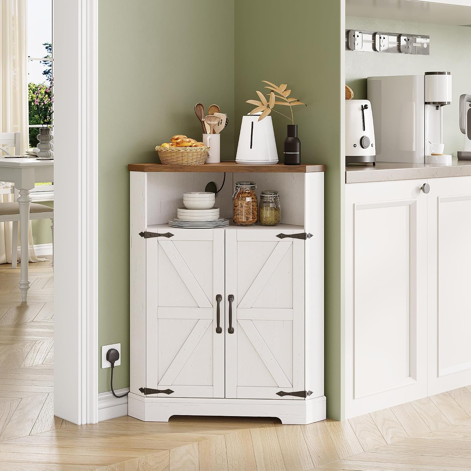 Vabches Small Corner Cabinet with Charging Station,Farmhouse Kitchen Corner Storage Cabinet with Barn Doors and Adjustable Shelves for Many Corner,Like Bathroom,and Kitchen