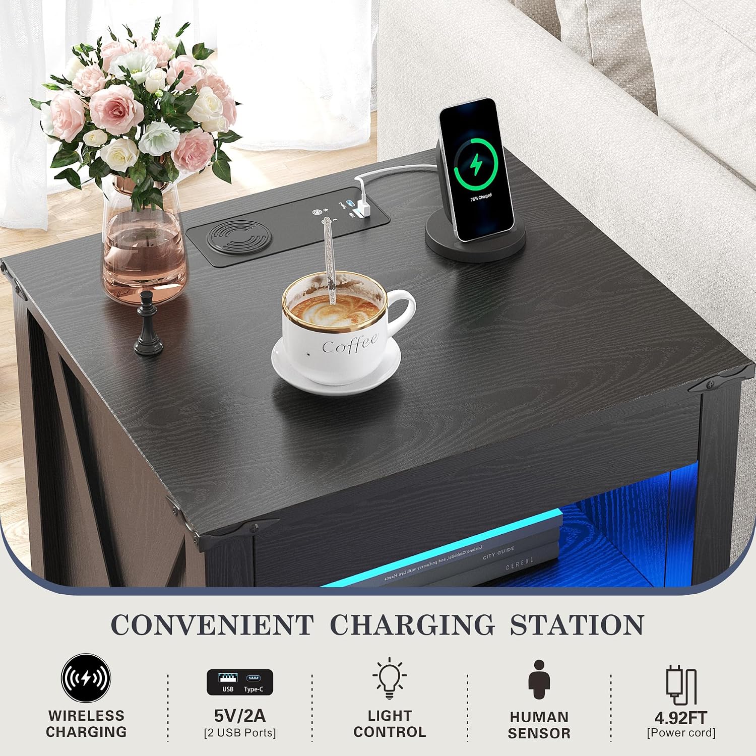 Farmhouse LED Nightstand with Gun Drawer&Invisible Lock,Modern Bedside Table with Human Sensor Design,Rustic Side Table with Wireless Charging for Living Room, Black