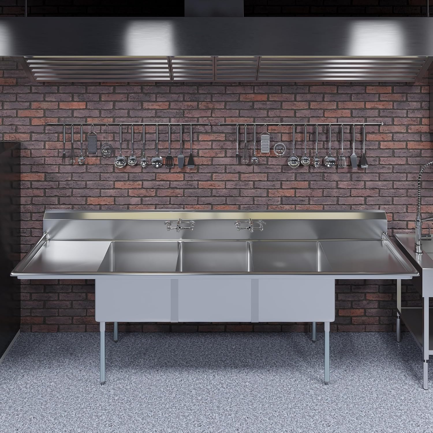 120 in. x 30 in. Stainless Steel Three Compartment Sink with 24 in. x 24 in. x 14 in. Bowls and Dual 24 in. Drainboards