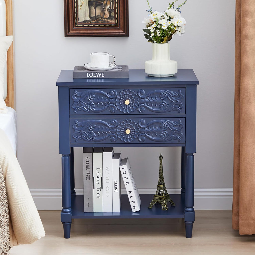 Nightstand, Farmhouse Bedside Table with 2 Drawers and Open Shelf, Wood Sofa Side Table End Table Accent Dresser for Bedroom, Living Room (with Shelf, Blue)