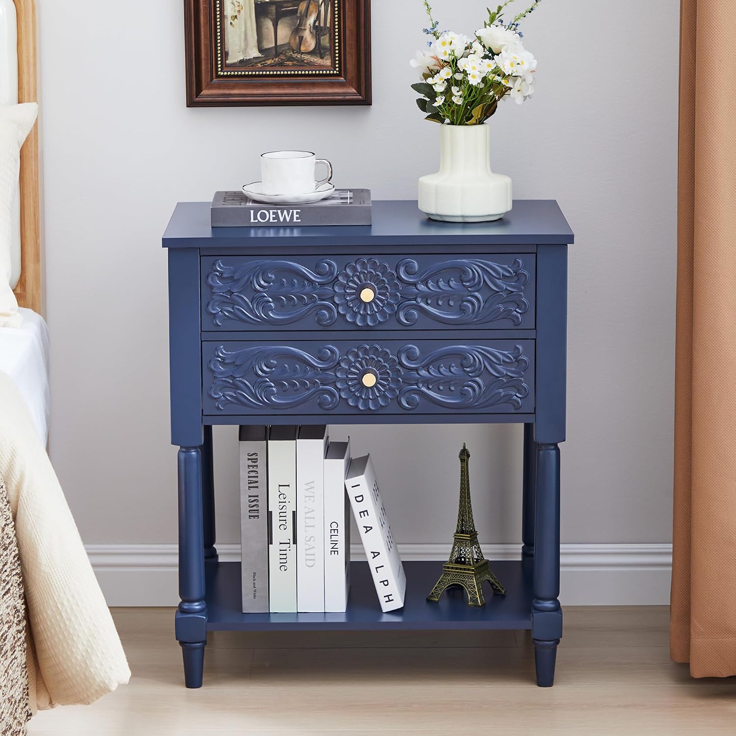 Nightstand, Farmhouse Bedside Table with 2 Drawers and Open Shelf, Wood Sofa Side Table End Table Accent Dresser for Bedroom, Living Room (with Shelf, Blue)