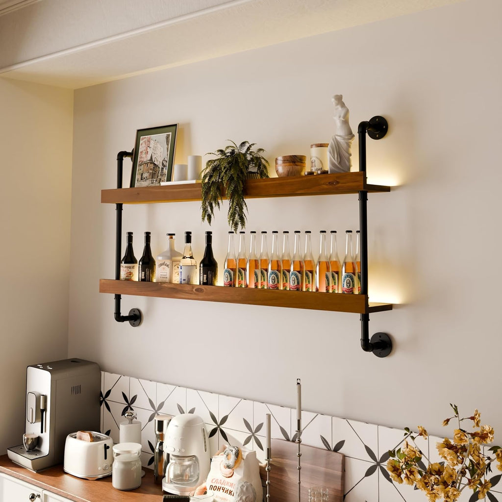 Wall Mounted Wine Rack with LED Light, LED Industrial Pipe Wine Shelf, 2-Tier Hanging Bottle Rack, Bar Storage Shelf for Bottles (Walnut Brown, 48')