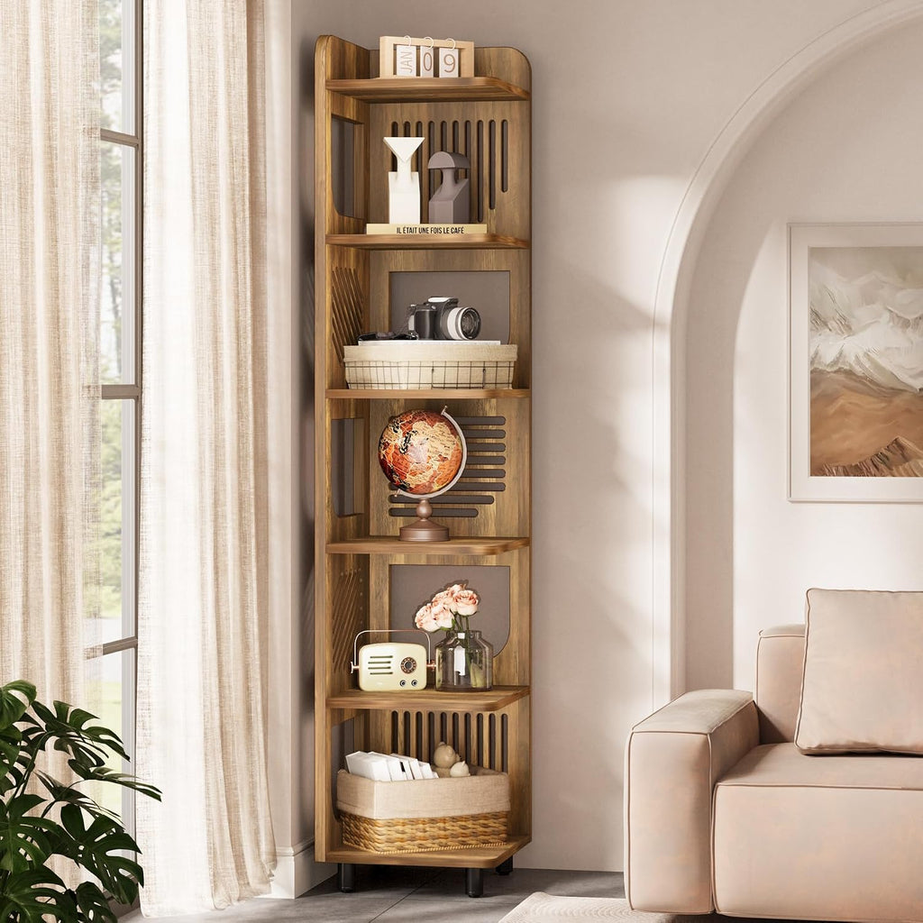 Tribesigns 6-Tier Tall Corner Shelf, 71-Inch Rustic Narrow Corner Bookshelf Bookcase with Square Rack, Freestanding Corner Display Storage Shelf Organizer for Living Room, Kitchen, Office, Yellow