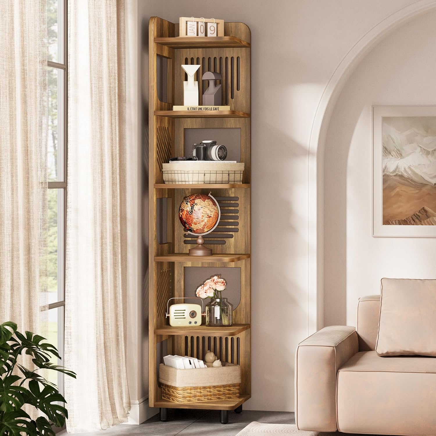Tribesigns 6-Tier Tall Corner Shelf, 71-Inch Rustic Narrow Corner Bookshelf Bookcase with Square Rack, Freestanding Corner Display Storage Shelf Organizer for Living Room, Kitchen, Office, Yellow