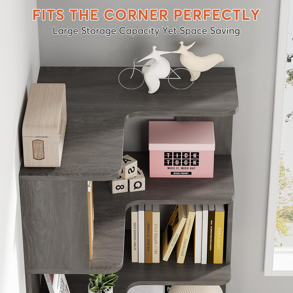 LITTLE TREE 65-Inch Tall Corner Bookshelf, 6-Tier Industrial Corner Bookcase with Side Panels, Freestanding Wood Grain Corner Shelf Display Rack for Home Office, Living Room