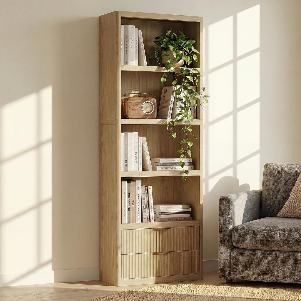YESHOMY 79' Tall Wooden Bookshelf with Drawers, Corner Bookshelf Organizer with 4-Tier Open Shelves, Fluted Bookcase Storage Shelves for Home, Office,Living Room, 1 PCS