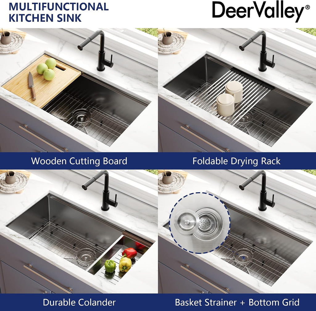 DeerValley Undermount Kitchen Sink Workstation 33 Inch, 16 Gauge Stainless Steel Single Bowl Sink, Handmade with Built-In Accessories, Ledge Design & Cutting Board