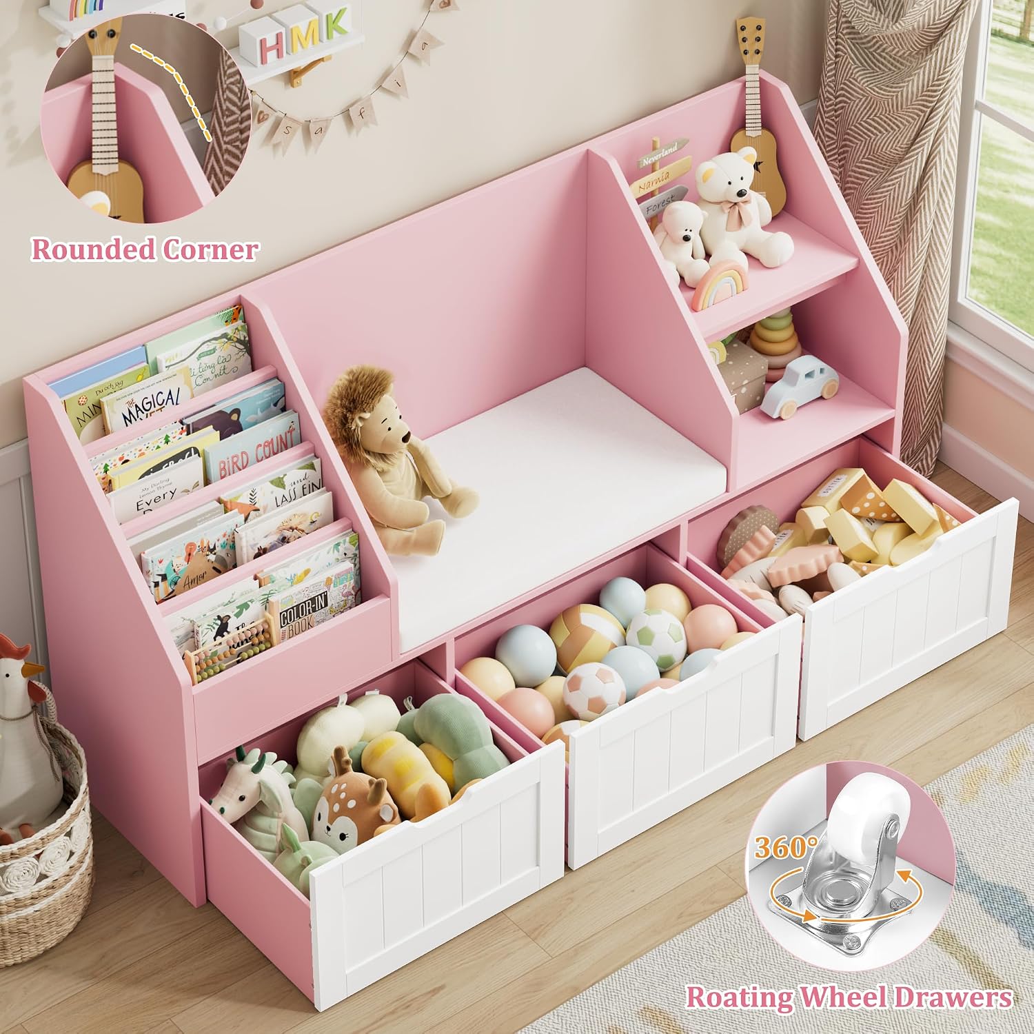 FOTOSOK 55.1'' Kids Bookshelf with Reading Nook, Toy Storage Organizer with Seat Cushion and 3 Movable Drawers, Kids Reading Nook Toy Organizers and Storage with Bench for Playroom, Bedroom, Pink