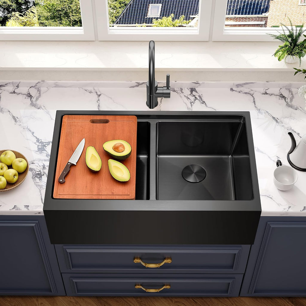 MILOSEN 28 Inch Black Farmhouse Kitchen Sink, 28''x22'' Drop in Black Stainless Steel Workstation Apron Front Sink with Ledge & Accessories, Double Bowl Farm Sinks, 10'' Large and Deep Handmade Sinks