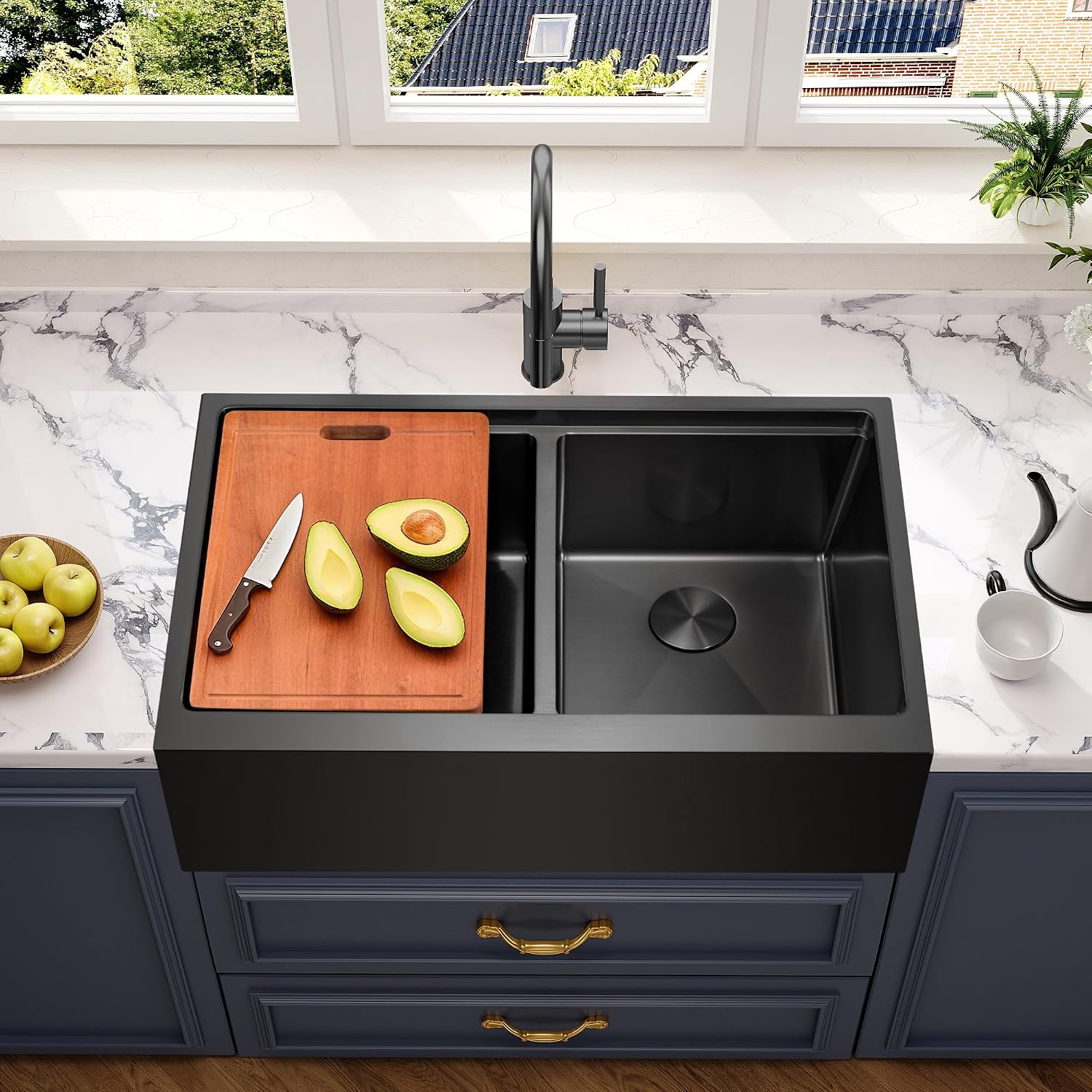 MILOSEN 28 Inch Black Farmhouse Kitchen Sink, 28''x22'' Drop in Black Stainless Steel Workstation Apron Front Sink with Ledge & Accessories, Double Bowl Farm Sinks, 10'' Large and Deep Handmade Sinks