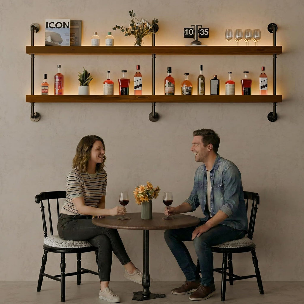 Wall Mounted Wine Rack with LED Light, LED Industrial Pipe Wine Shelf, 2-Tier Hanging Bottle Rack, Bar Storage Shelf for Bottles (Walnut Brown, 60')