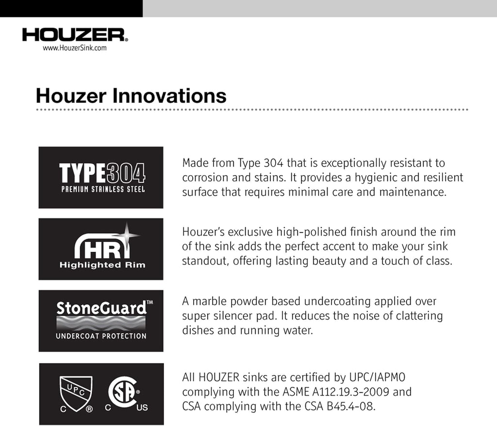 Houzer Glowtone Stainless Steel Kitchen Sink: 33 Inch Topmount 3-Hole 60/40 Double Bowl Kitchen Sink with Strainers & Grids, Durable & Versatile, Essential for Home & Apartment: ISL-3322BS3-C
