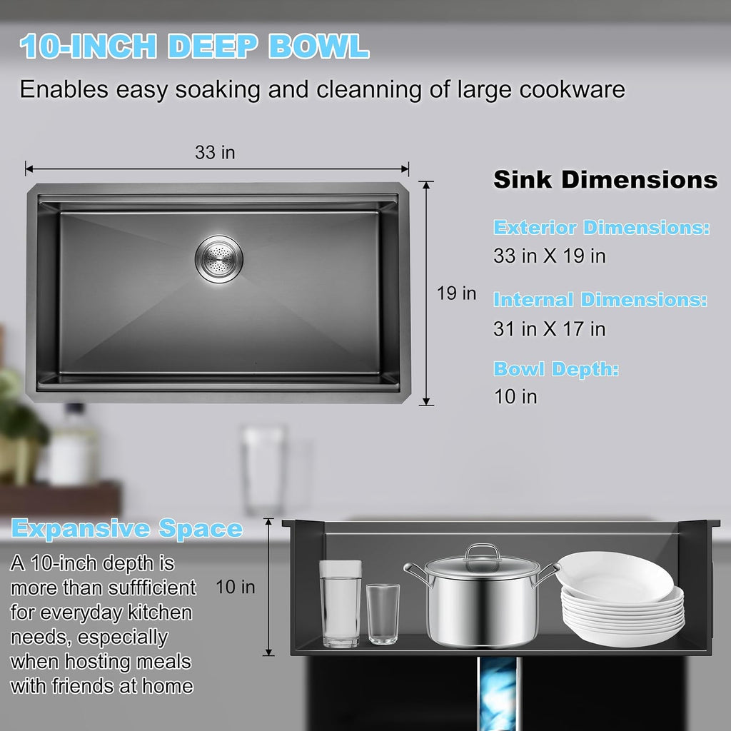 33 Inch Single Bowl Drop In Kitchen Sink, Stainless Steel Kitchen Sink Large Farmhouse Workstation Sinks with Faucet, Single Bowl Topmount Sink, Gunmetal Black