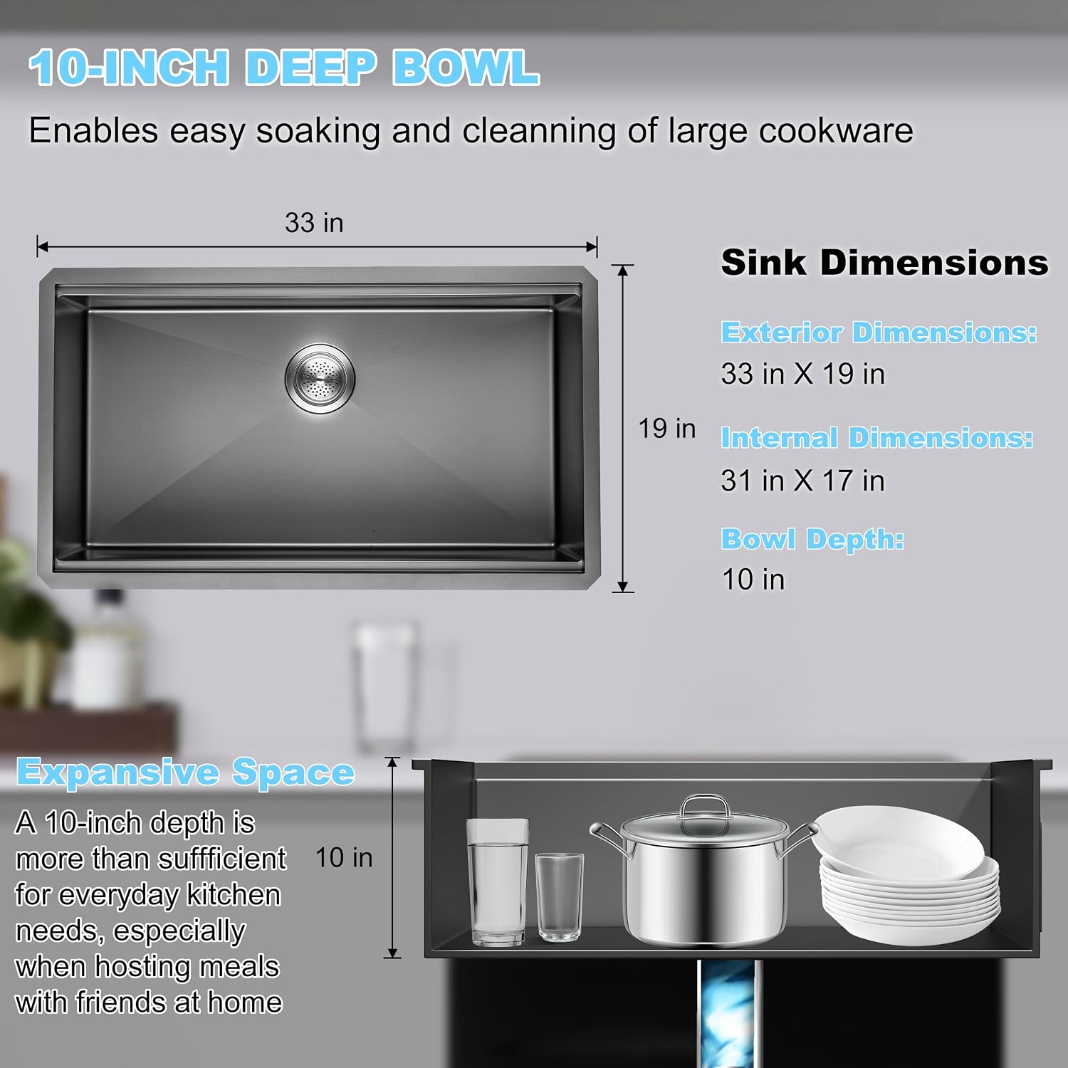 33 Inch Single Bowl Drop In Kitchen Sink, Stainless Steel Kitchen Sink Large Farmhouse Workstation Sinks with Faucet, Single Bowl Topmount Sink, Gunmetal Black