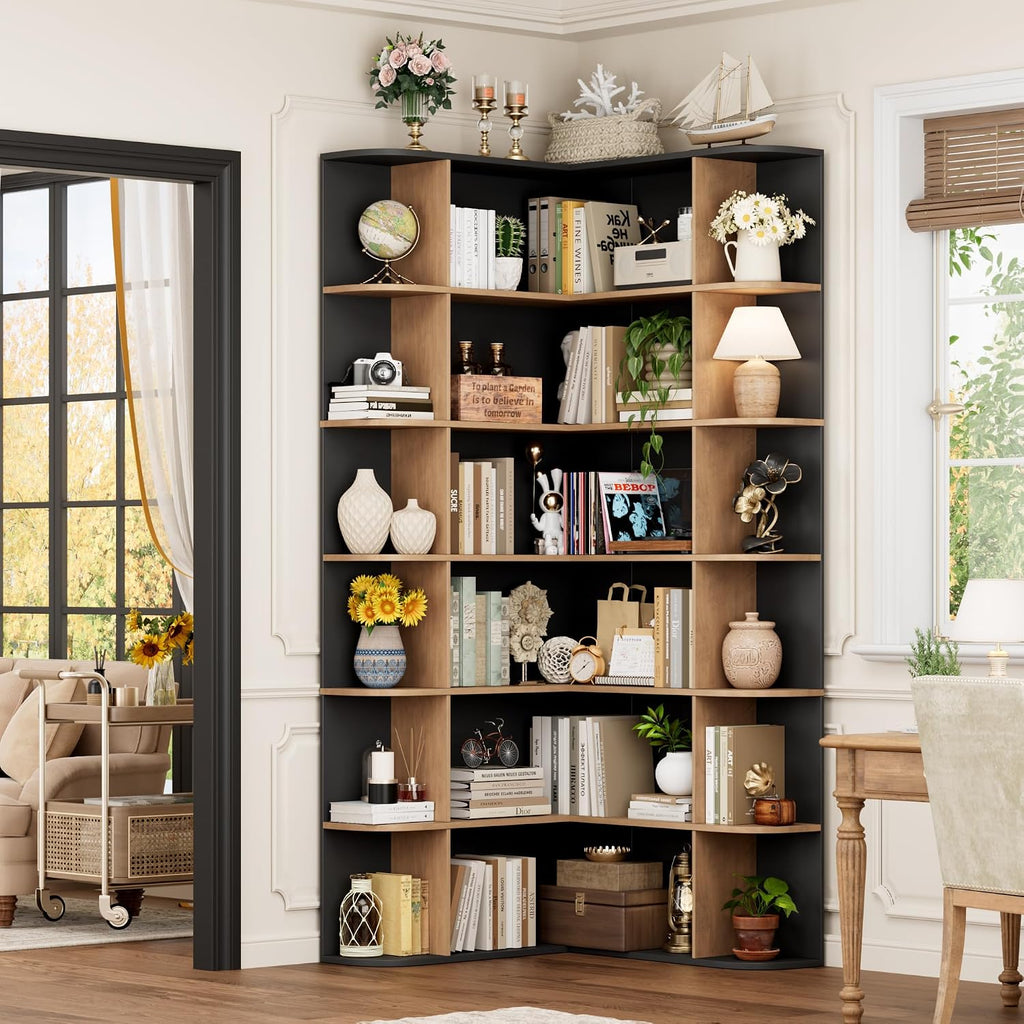 FOTOSOK 72' Tall Corner Bookshelf, 6-Tier Bookshelf and Bookcase with Open Storage, Tall Bookcases Wooden Storage Shelves for Home Office, Thickened Boards for Better Load Bearing, Black/Brown
