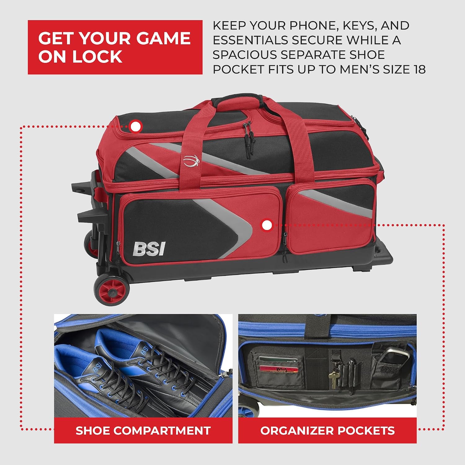 BSI Dash Roller Bowling Bag with Smooth Rolling Wheels, Padded Ball Compartment, Retractable Locking Handle, & Shoe Pocket