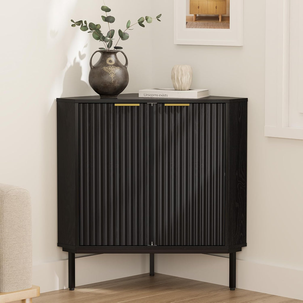 EYYTHUNG Fluted Corner Cabinet, Modern Small Corner Floor Cabinet with 2 Doors and 2-Tier Shelves, Freestanding Narrow Organizer for Living Room Kitchen Bathroom, Black
