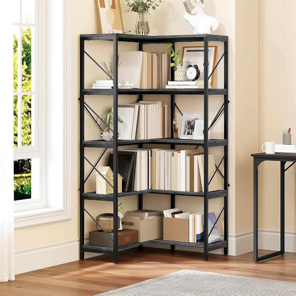 YITAHOME Corner Bookshelf, Industrial Corner Shelf 5 Tier Bookcase, Large Display Rack Storage for Bedroom, Living Room, Home Office,Charcoal Gray + Black