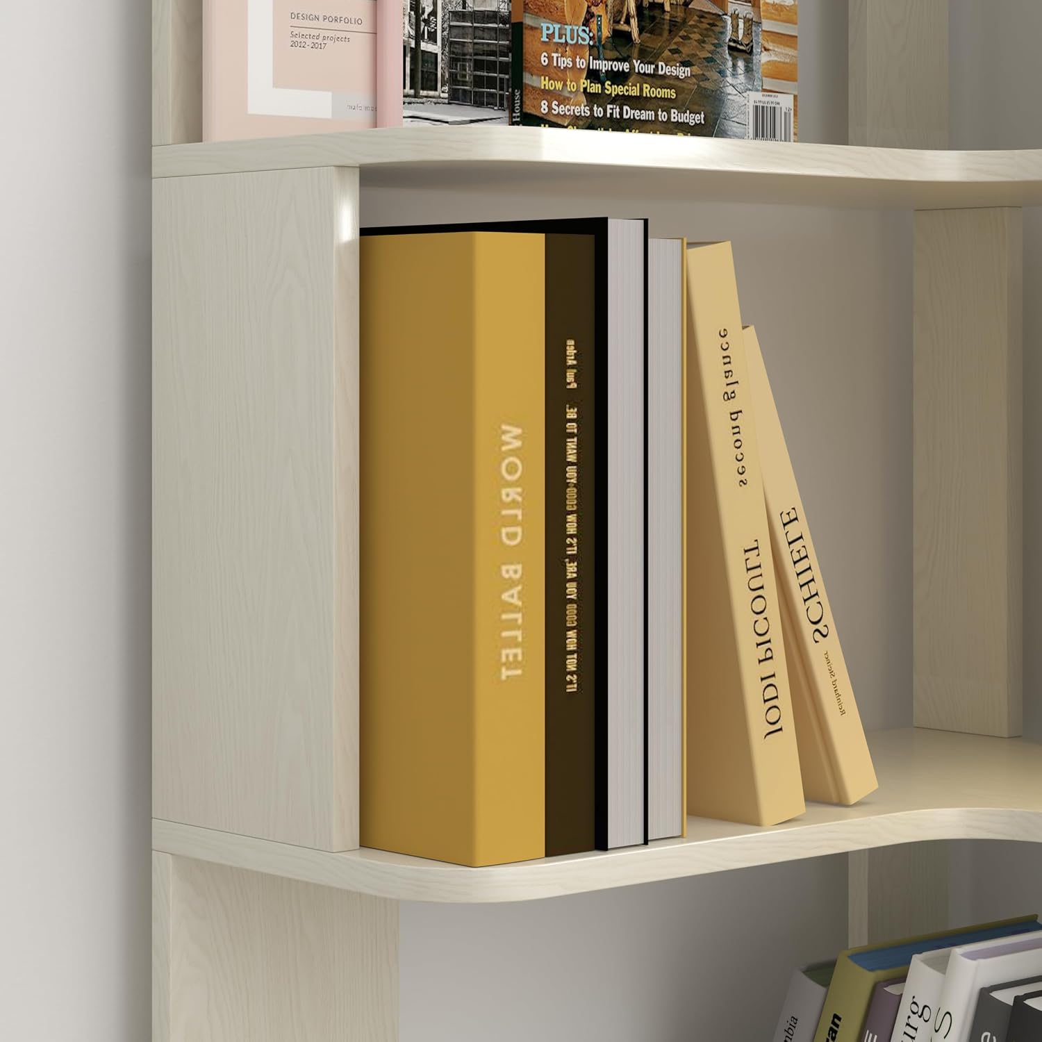 GDFStudio 64.6' Tall L-Shaped Corner Bookshelf, 6-Tier Freestanding Corner Shelf Bookcase with Anti-Drop Panels, Wooden Open Back Display Shelves Organizer for Living Room Office Bedroom, White Oak
