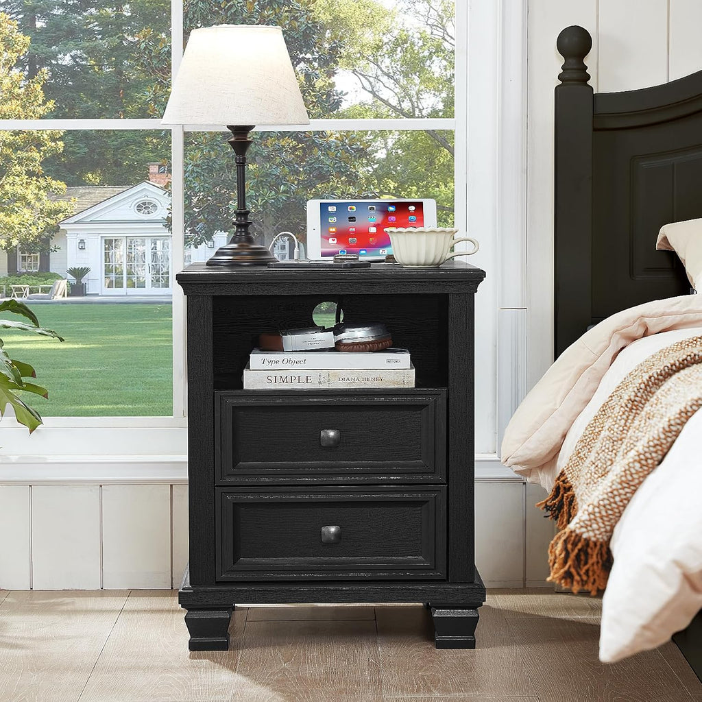 SAVOR LIFE Farmhouse Side Table with Charging Station, Rustic Black Nightstand with Drawers, Bedside Table with Open Shelf for Bedroom, Black