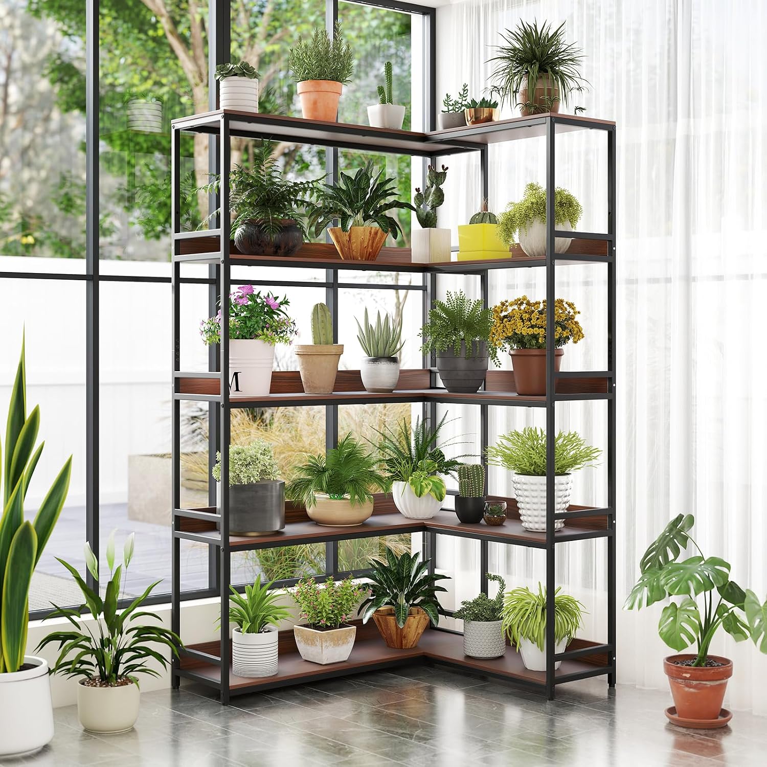 Tangkula Large Corner Bookshelf, 90 Degrees 5-Tier Industrial Wood Open Corner Bookcase for Small Spaces, Heavy-Duty Metal Frame, 71'H L-Shaped Storage Display Rack for Living Room (Walnut)