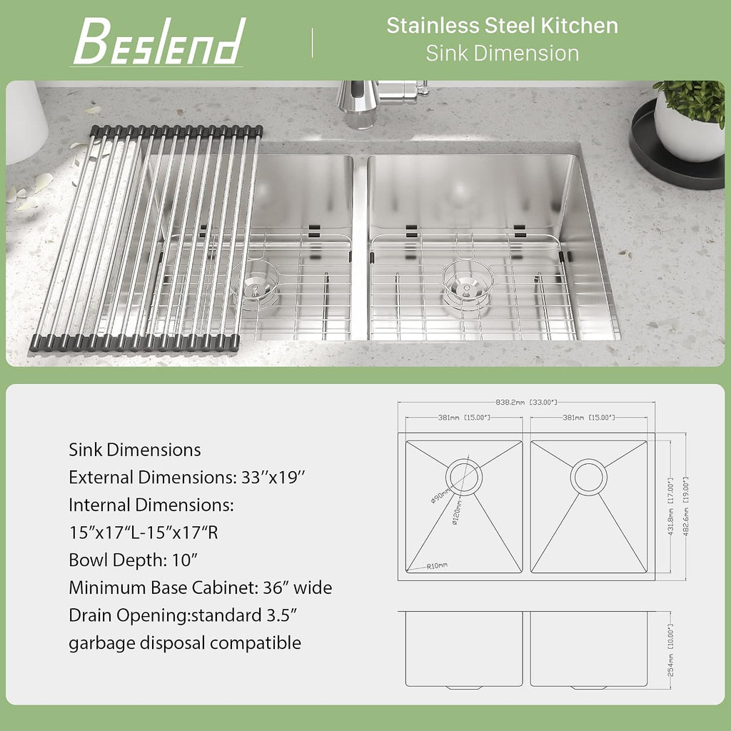 33 Undermount Double Bowl Kitchen Sink - Beslend 33x19x10 Inch Double Sink Stainless Steel Undermount Sinks 16 Gauge 50/50 Double Bowl Sinks