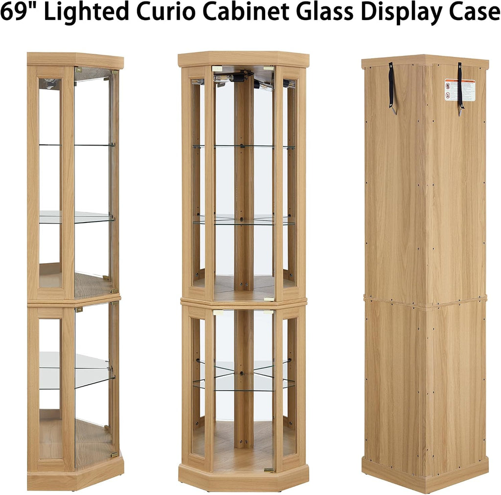 69' H Lighted Corner Curio Cabinet, 5-Tier Curio Glass Display Cabinet w/Door & Adjustable Glass Shelves, Wooden Display Showcase Corner Storage Cabinet for Living Room (Light Oak)