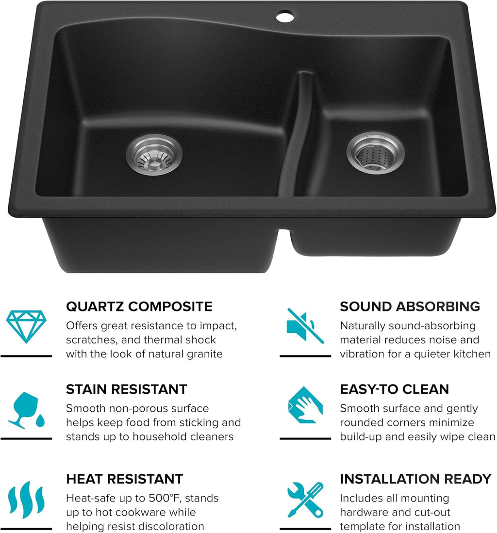 KRAUS Quarza 33-inch Drop-In/Undermount 60/40 Double Bowl Granite Kitchen Sink in Black, KGD-442BLACK