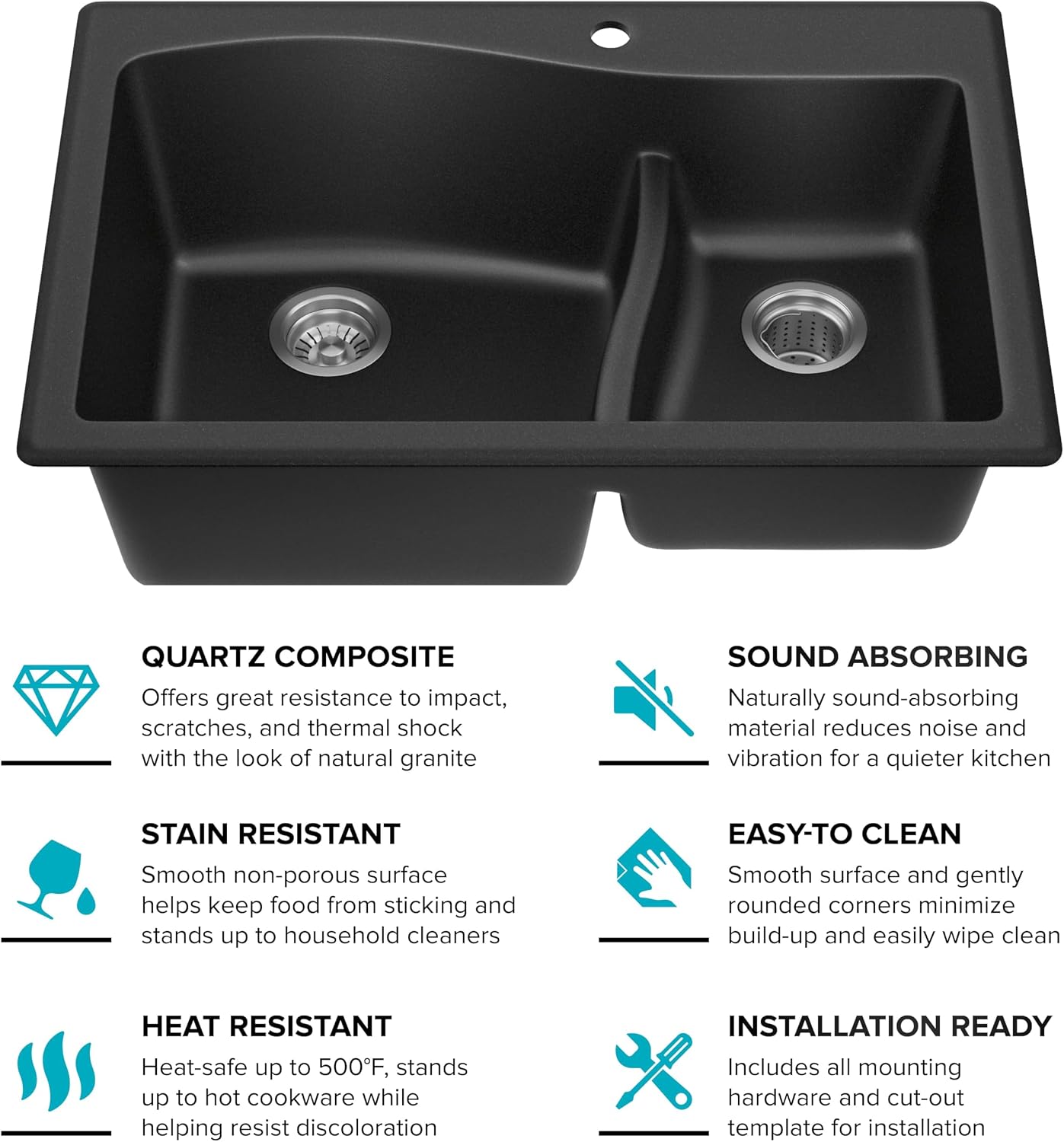 KRAUS Quarza 33-inch Drop-In/Undermount 60/40 Double Bowl Granite Kitchen Sink in Black, KGD-442BLACK