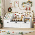 FOTOSOK 55.1'' Kids Bookshelf with Reading Nook, Toy Storage Organizer with Seat Cushion and 3 Movable Drawers, Kids Reading Nook Toy Organizers and Storage with Bench for Playroom, Bedroom, White