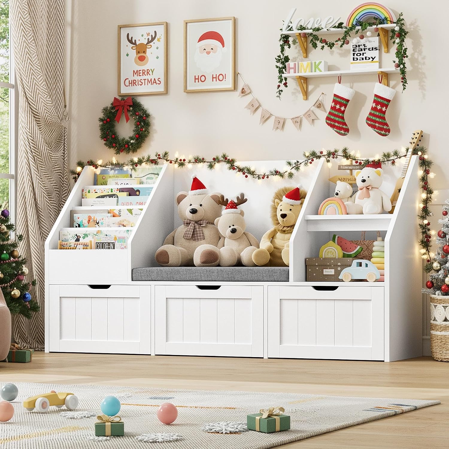 FOTOSOK 55.1'' Kids Bookshelf with Reading Nook, Toy Storage Organizer with Seat Cushion and 3 Movable Drawers, Kids Reading Nook Toy Organizers and Storage with Bench for Playroom, Bedroom, White
