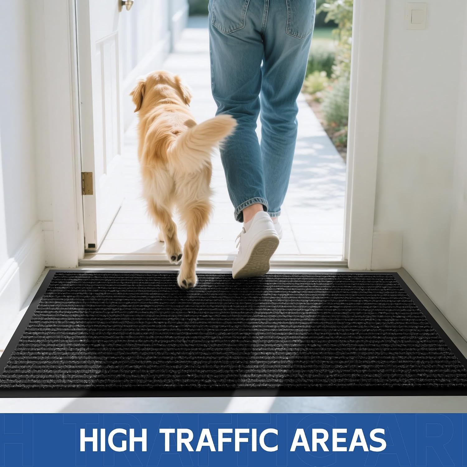Front Door Mat, 10' x 3' Heavy Duty Indoor Outdoor Door Mat Entrance, Commercial Welcome Mats, Stain and Fade Resistant, Durable Rubber Backing, Low Profile Entry Mat for Patio, Black Stripe