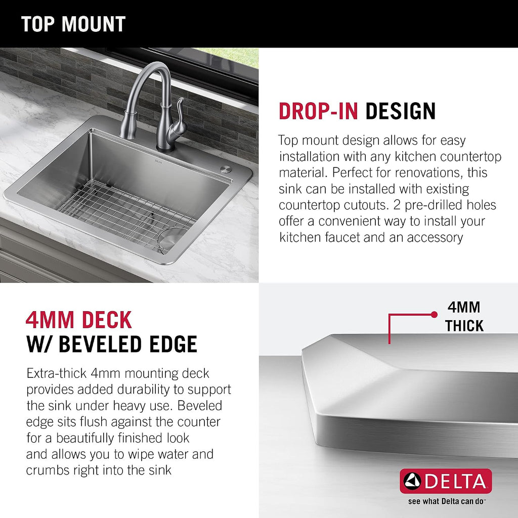 DELTA FAUCET 95A932-25S-SS Lorelai Workstation Kitchen Sink Drop-in Top Mount Stainless Steel Single Bowl with WorkFlow Ledge and Chef's Kit of 5 Accessories