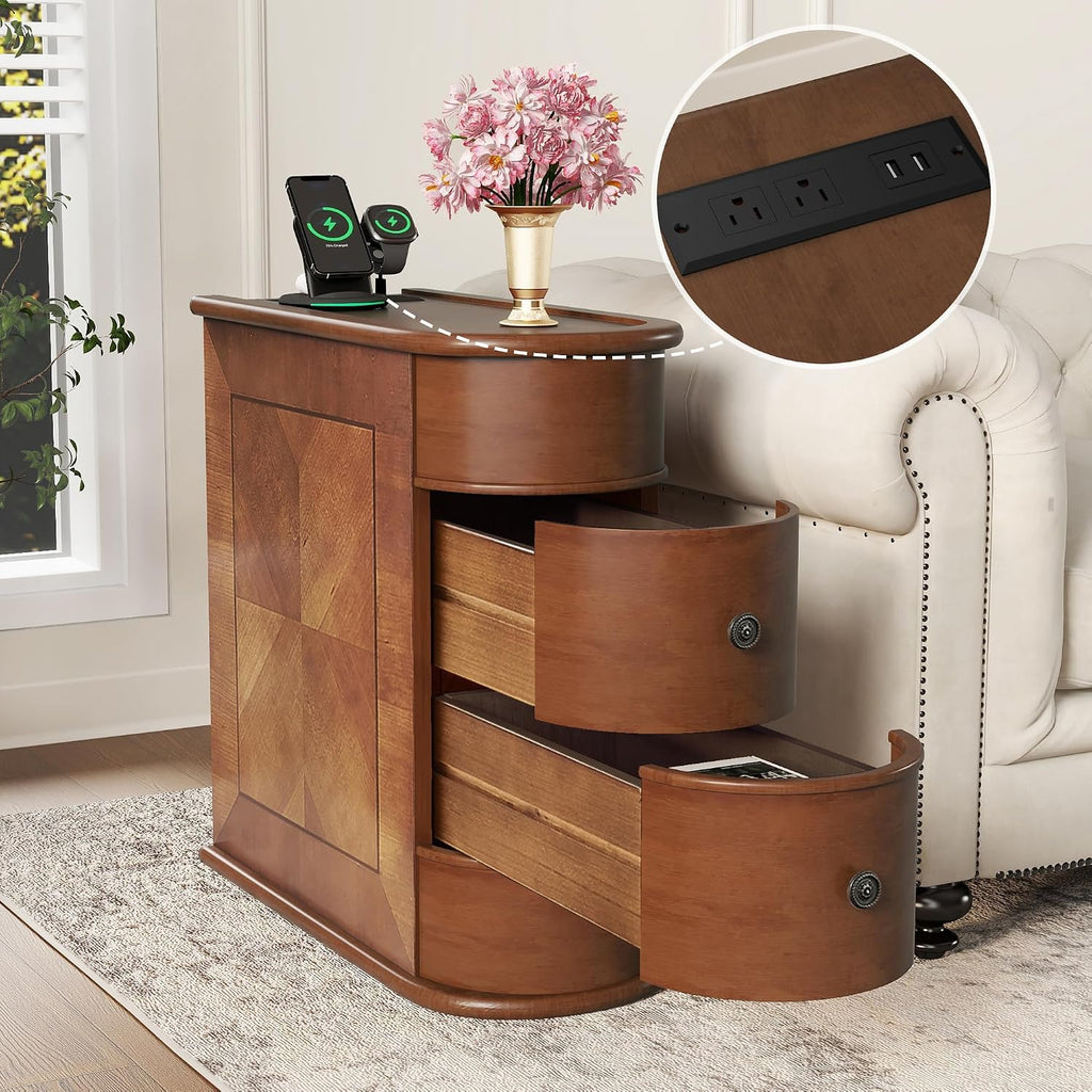 Narrow End Table with Charging Station, Wood Side Table with Drawers for Small Spaces, Long Nightstand with Storage, Slim Bedside Cabinet for Living Room/Bedroom/Corner, Fully Assembled, Walnut