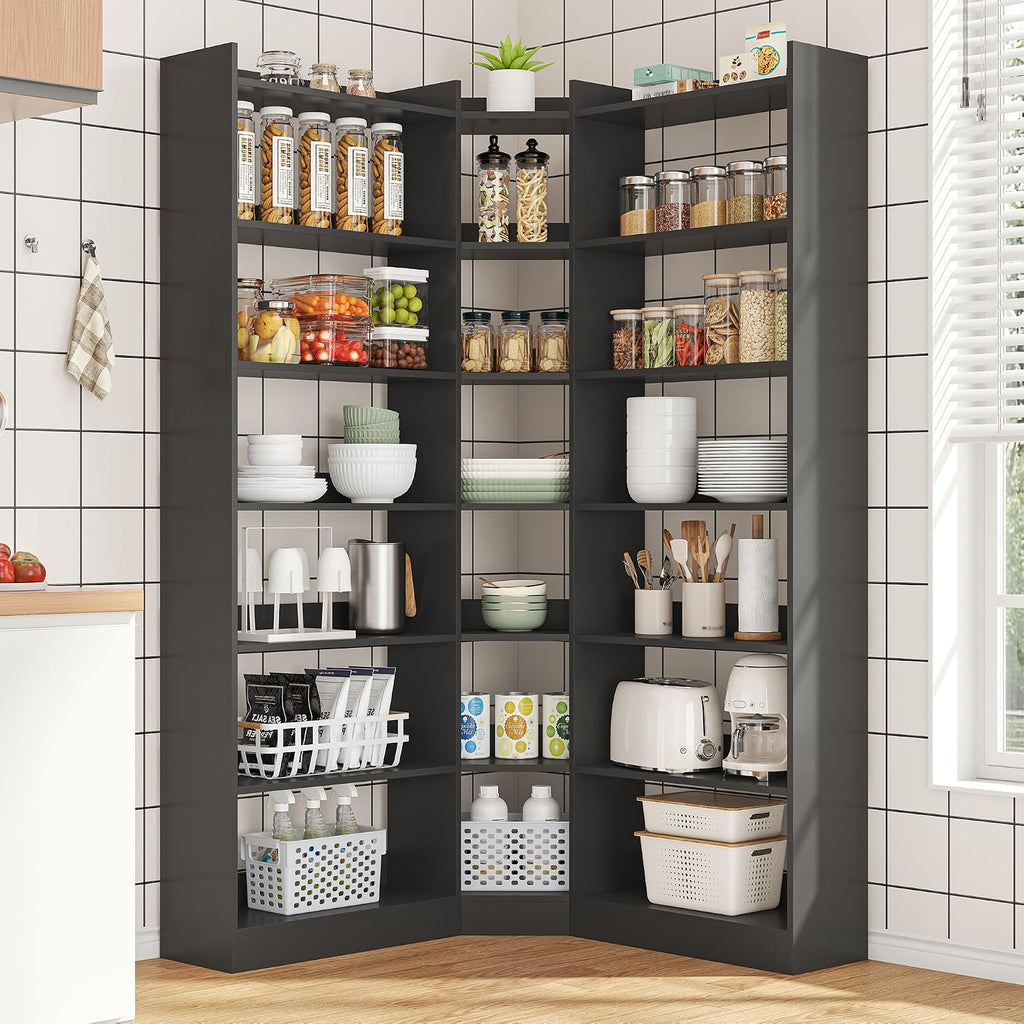 Nosepen 70.8' Tall Corner Bookshelf and Bookcases, 7 Tiers Morden Large Etagere Bookcases Storage Display Rack with Baffle, Industrial L-Shaped Bookshelves for Bedroom, Home Office, Living Room, Black