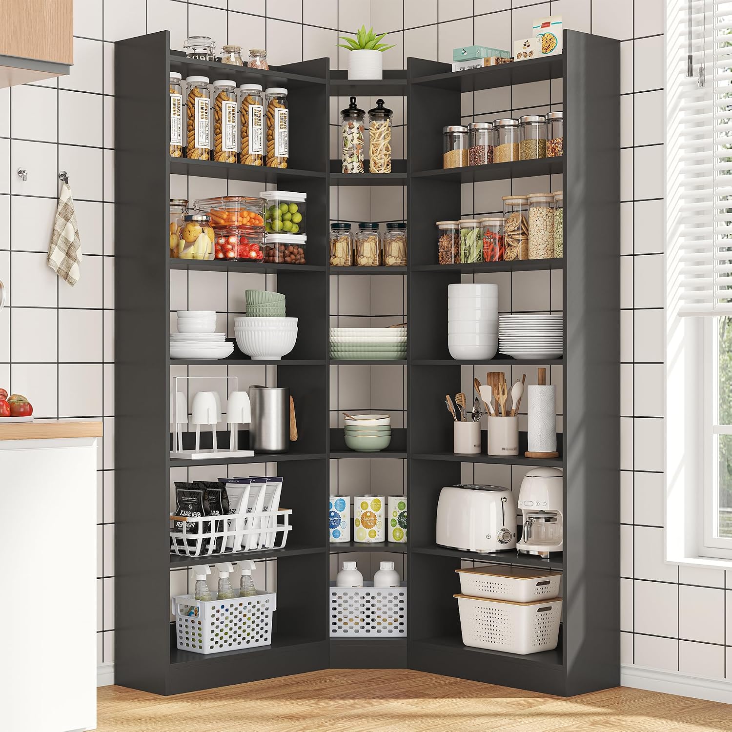 Nosepen 70.8' Tall Corner Bookshelf and Bookcases, 7 Tiers Morden Large Etagere Bookcases Storage Display Rack with Baffle, Industrial L-Shaped Bookshelves for Bedroom, Home Office, Living Room, Black