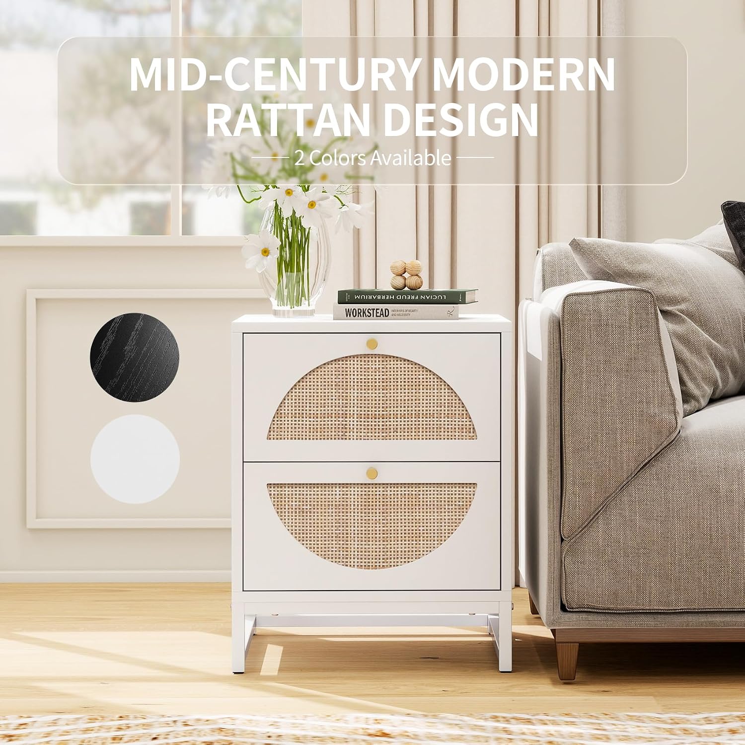 Rattan Nightstand, Boho Bedside Tables with 2 Drawer, Rustic End Table with Storage, Side Table for Living Room, Bed Room, Office, White, Set of 2