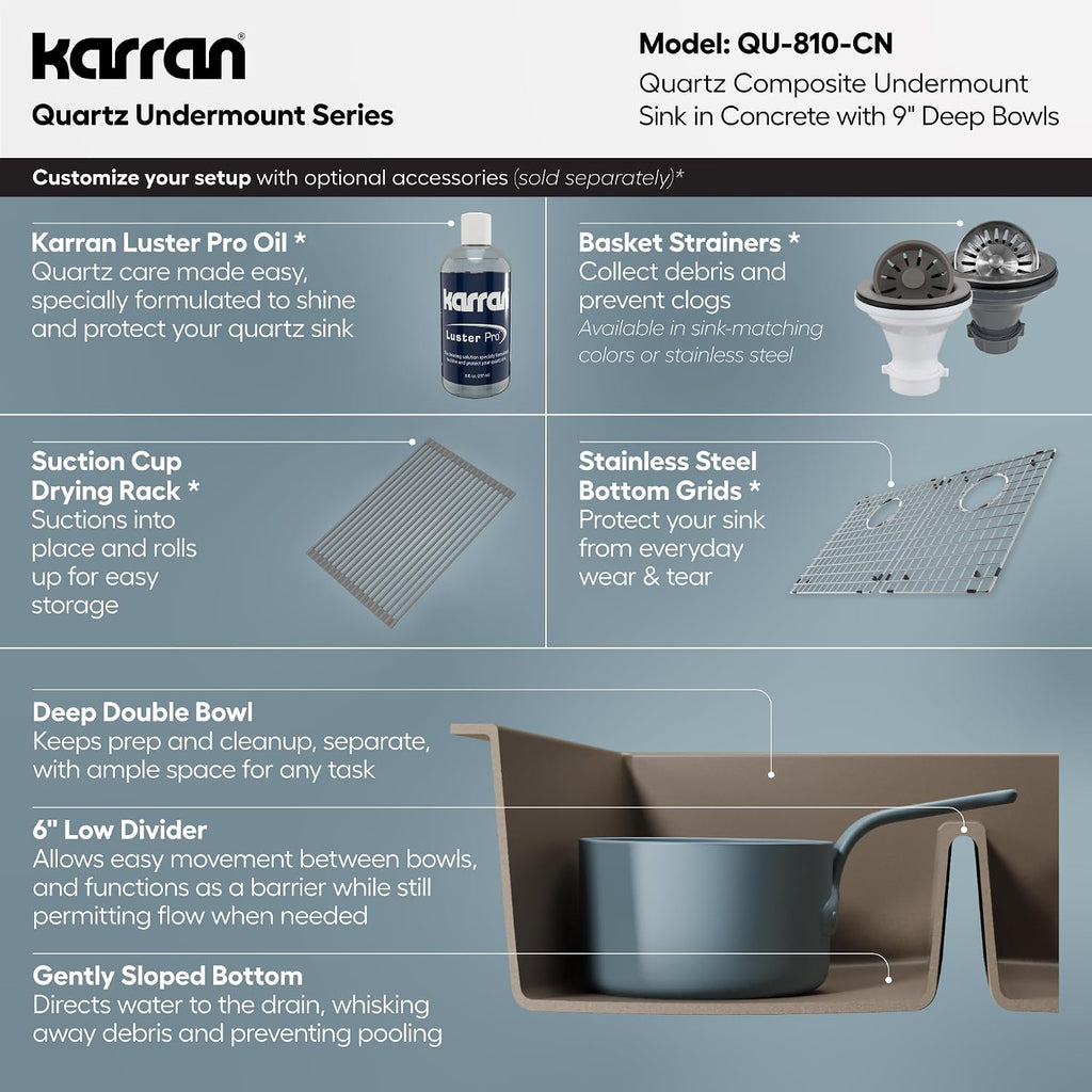 Karran 32' Quartz Composite Undermount Double Bowl Kitchen Sink with Low Divider – 50/50 Equal Bowl, 80% Natural Quartz, 535°F Heat Resistant, Sound Dampening, Concrete Color, QU-810