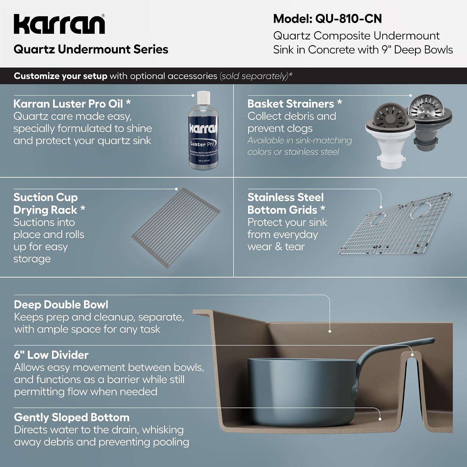 Karran 32' Quartz Composite Undermount Double Bowl Kitchen Sink with Low Divider – 50/50 Equal Bowl, 80% Natural Quartz, 535°F Heat Resistant, Sound Dampening, Concrete Color, QU-810