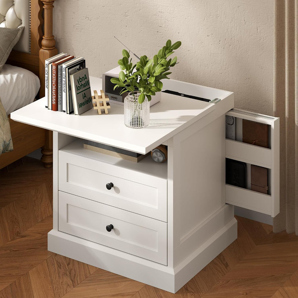 Gyfimoie Nightstand with Hidden Storage Space, Night Stand, End Table with Side Drawer, Bedside Table with Open Shelf, 2 Drawers Dresser for Bedroom, Living Room, Closet (White)