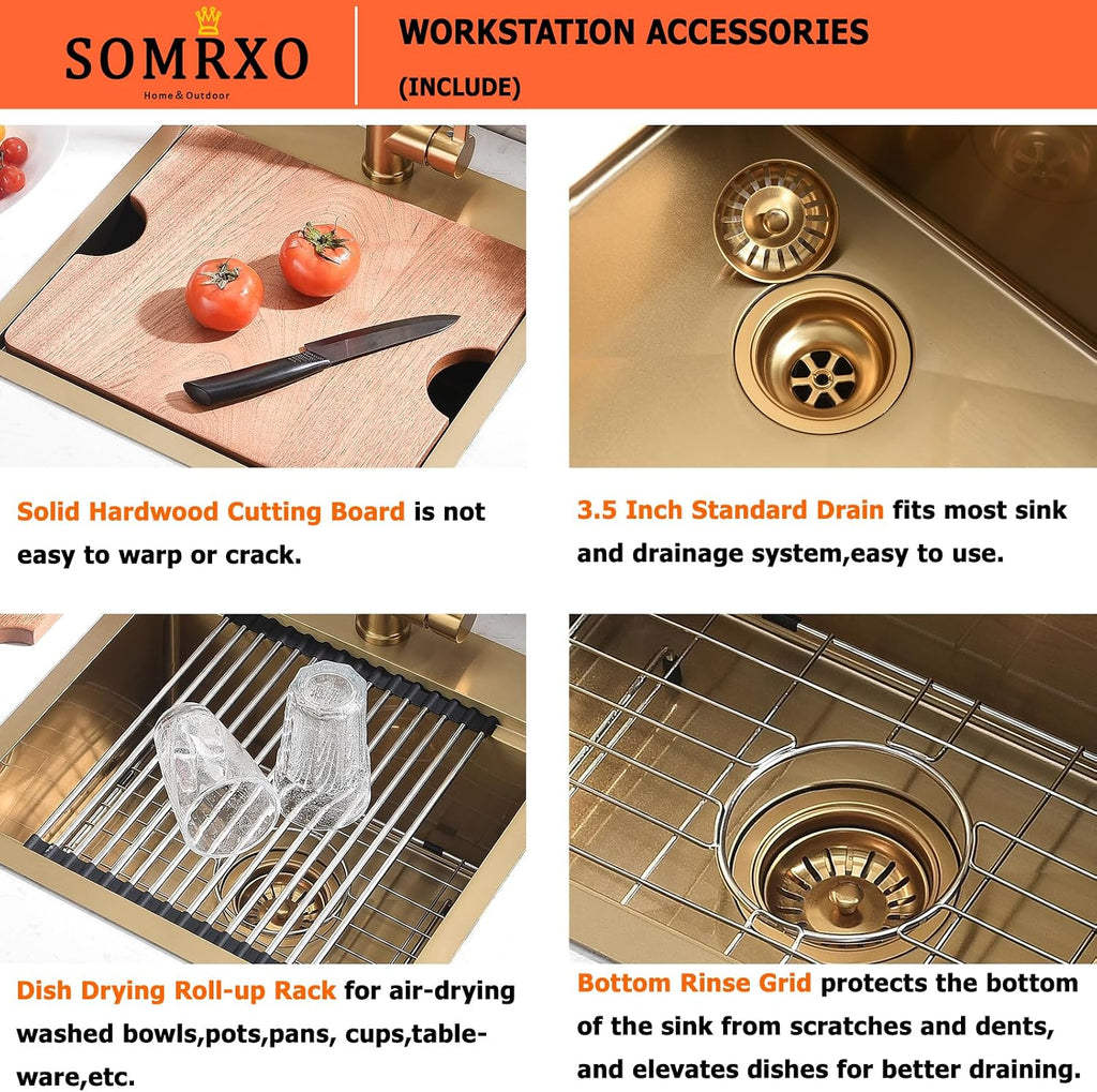 21x20 Inch Drop In Bar Sink - 16 Gauge Gold Stainless Steel Small Kitchen Sink, 10' Deep Single Bowl Workstation Sinks with Accessories for RV, Outdoor Kitchen & Wet Bar